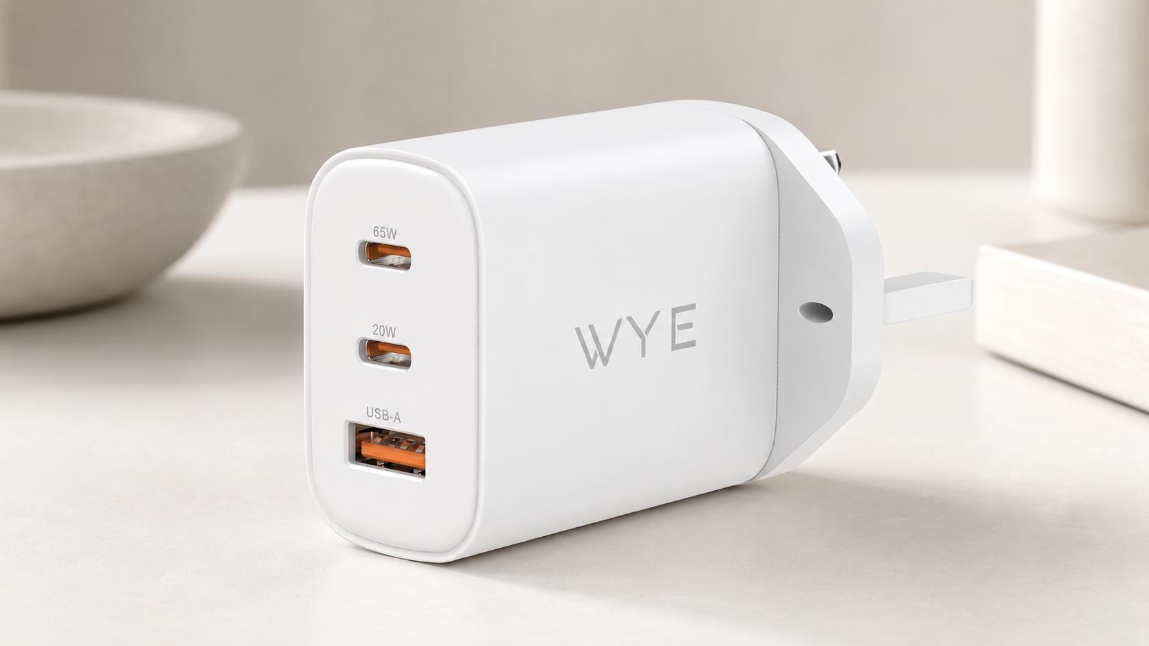 WYE power adaptor with two USB-C ports and one USB-A port