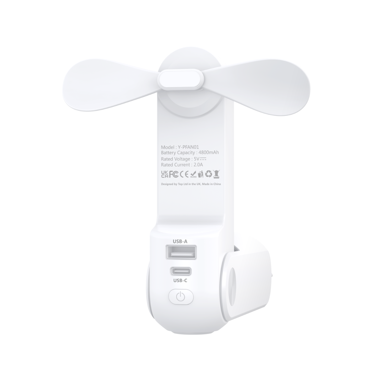 3-in-1 Mini Handheld Fan, Power Bank & Flashlight.