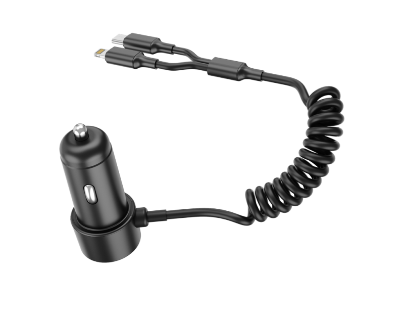 60W Dual-Port In-Car Charger With USEB-C & 8-Pin Built-in Cables