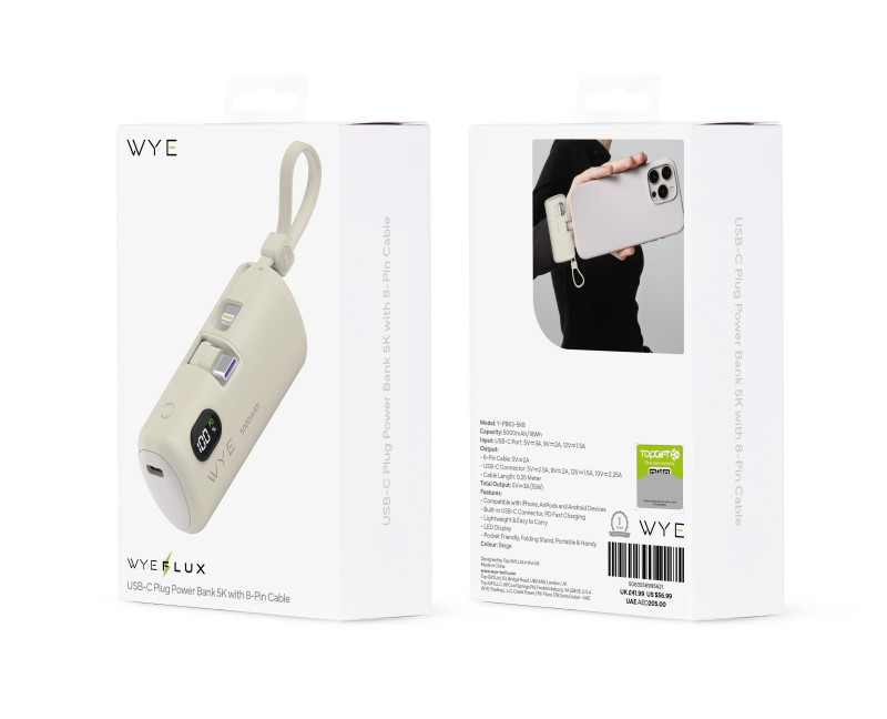 USB-C Plug Power Bank 5K with 8-Pin Cable