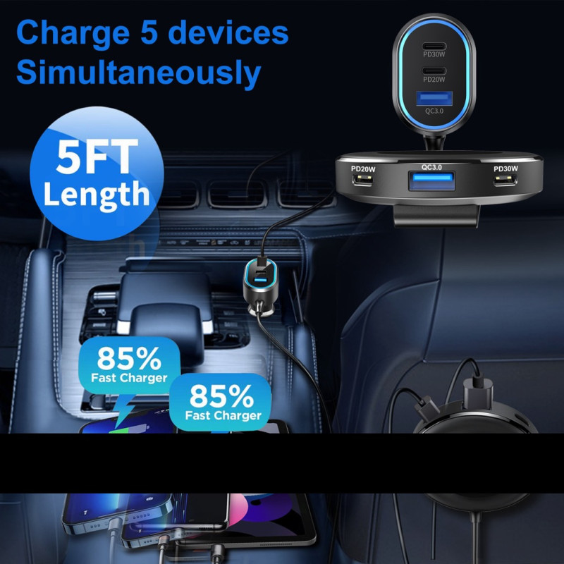 100W In-Car Charger with Multi-PortExtended Charging Hub