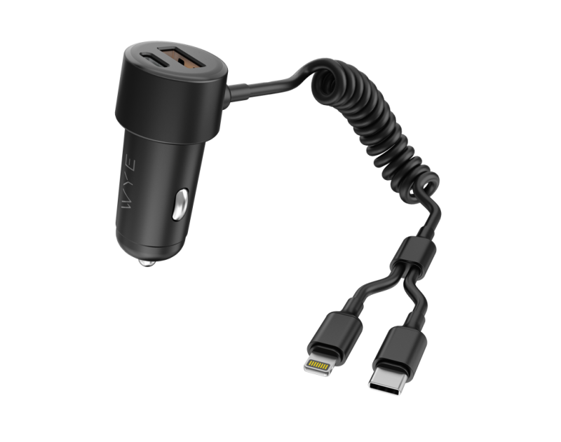 60W Dual-Port In-Car Charger With USEB-C & 8-Pin Built-in Cables