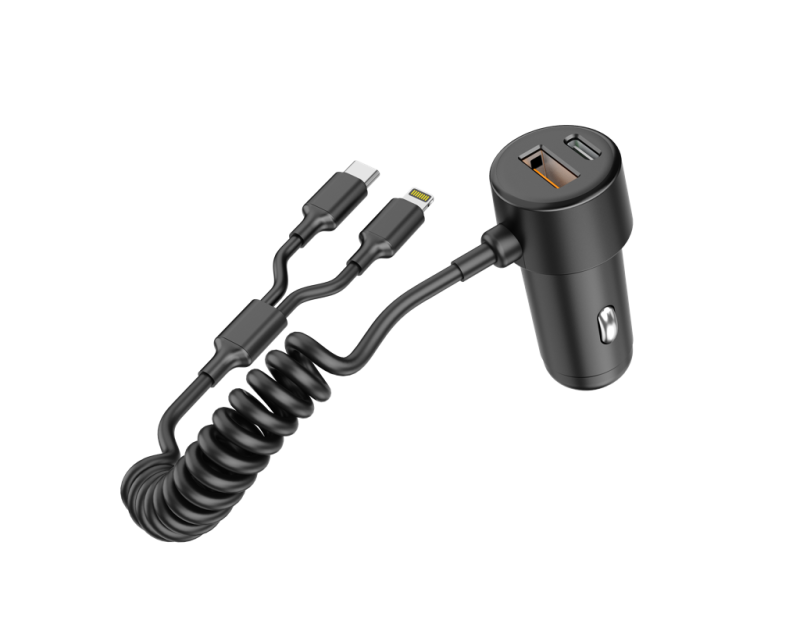 60W Dual-Port In-Car Charger With USEB-C & 8-Pin Built-in Cables
