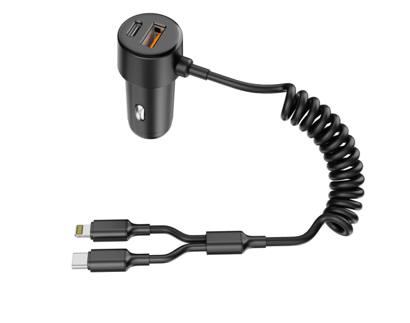 60W Dual-Port In-Car Charger With USEB-C & 8-Pin Built-in Cables