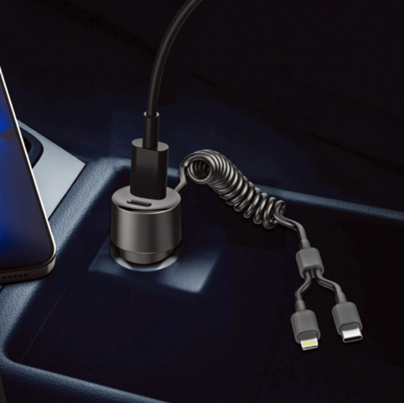 60W Dual-Port In-Car Charger With USEB-C & 8-Pin Built-in Cables