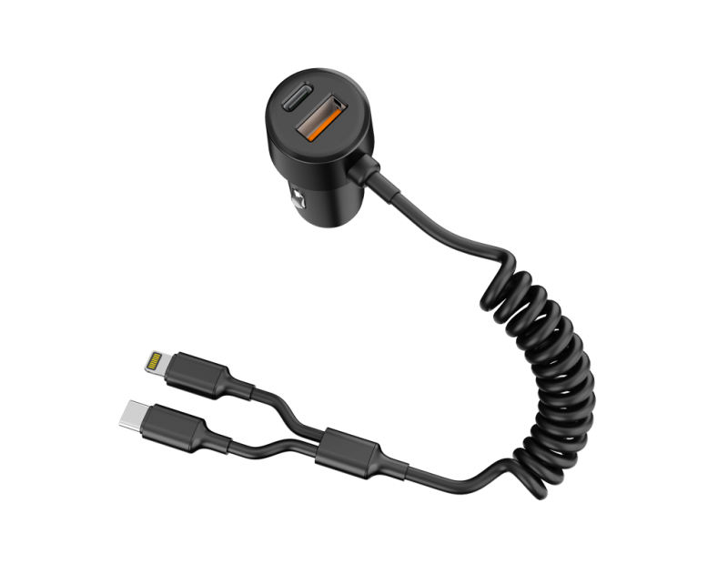 60W Dual-Port In-Car Charger With USEB-C & 8-Pin Built-in Cables