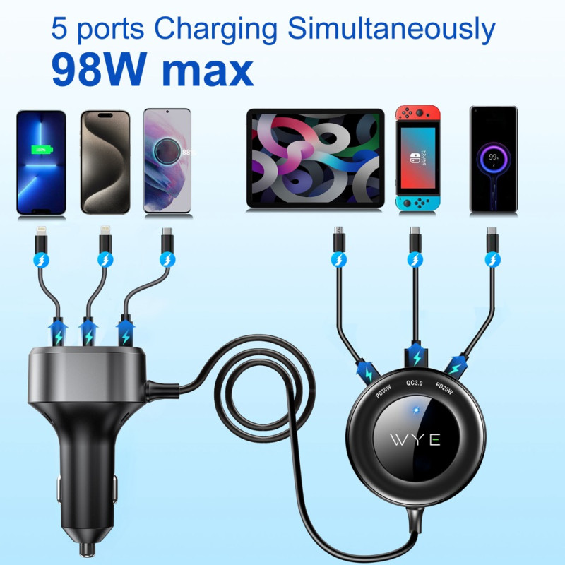 100W In-Car Charger with Multi-PortExtended Charging Hub